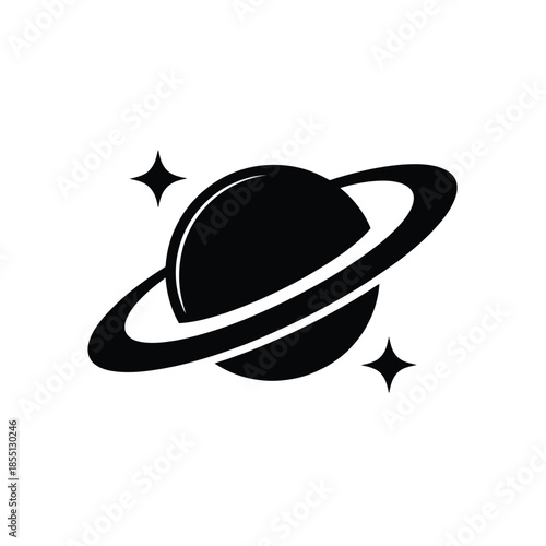 A simple black and white illustration of saturn with rings and stars