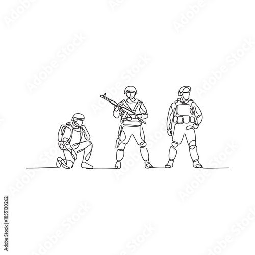 Continuous line drawing of three soldiers in tactical gear a minimalist depiction