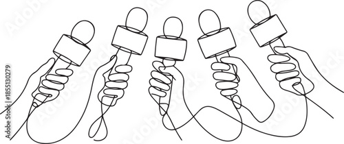 Continuous one line drawing hand with microphone. Journalism concept. Set of hands holding microphones. Press hands flat hand. Microphone. Journalist. one line Icon drawing