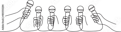 Continuous one line drawing hand with microphone. Journalism concept. Set of hands holding microphones. Press hands flat hand. Microphone. Journalist. one line Icon drawing