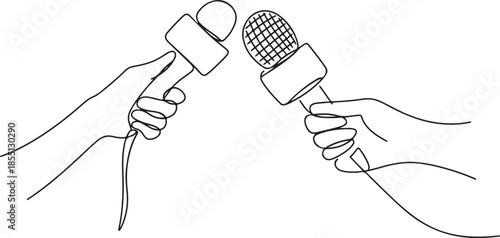 Continuous one line drawing hand with microphone. Journalism concept. Set of hands holding microphones. Press hands flat hand. Microphone. Journalist. one line Icon drawing