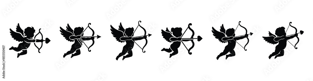 Fototapeta premium A set of cupid arrow shooting silhouette icon. Valentines Day vector isolated on transparent background.