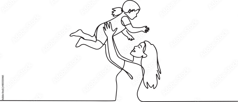 Fototapeta premium One single line drawing of young happy mom raising and turning her daughter around up in the air at home vector graphic illustration. Family parenthood concept. one line Icon drawing