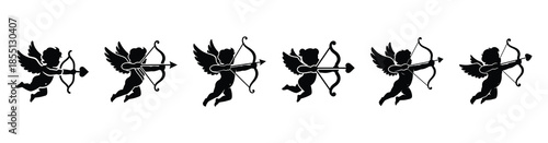 A set of cupid arrow shooting silhouette icon. Valentines Day vector isolated on transparent background.