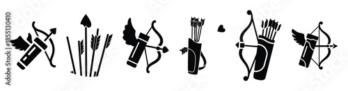 A set of cupid arrow quiver silhouette icon. Valentines Day vector isolated on transparent background.
