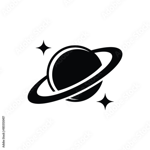 A simple black and white illustration of saturn with sparkling stars