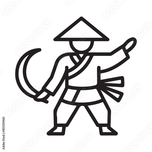 A simple line drawing of a farmer with a conical hat and sickle