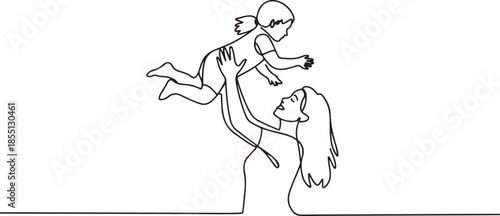 One single line drawing of young happy mom raising and turning her daughter around up in the air at home vector graphic illustration. Family parenthood concept. one line Icon drawing