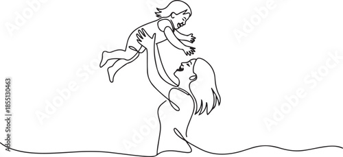One single line drawing of young happy mom raising and turning her daughter around up in the air at home vector graphic illustration. Family parenthood concept. one line Icon drawing