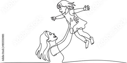 One single line drawing of young happy mom raising and turning her daughter around up in the air at home vector graphic illustration. Family parenthood concept. one line Icon drawing