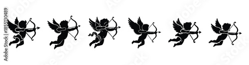 A set of cupid flying arrow silhouette icon. Valentines Day vector isolated on transparent background.