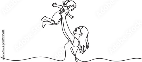 One single line drawing of young happy mom raising and turning her daughter around up in the air at home vector graphic illustration. Family parenthood concept. one line Icon drawing