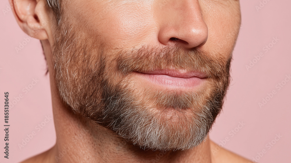 Fototapeta premium Bearded man with sun kissed skin and soft golden warmth showing visible skin texture and natural facial hair on pink background