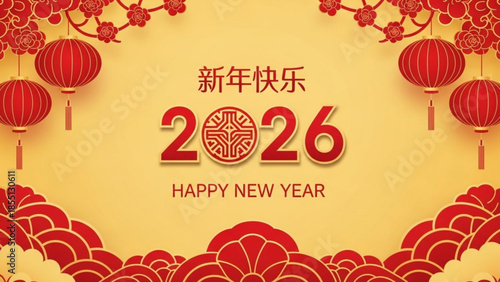 Festive Lunar New Year 2026: A vibrant and ornate celebration of the Lunar New Year 2026, featuring traditional red lanterns, floral patterns, and intricate designs.