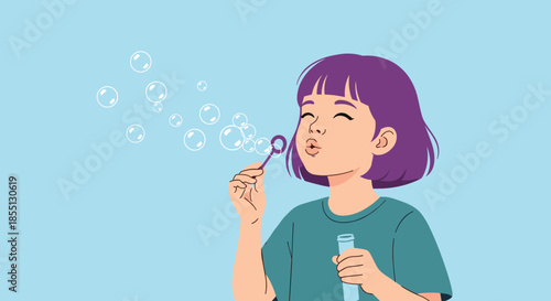 Charming illustration of a young girl with purple hair happily blowing a stream of translucent bubbles against a soft blue background.