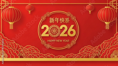 Chinese New Year Celebration Design: An eye-catching design celebrating the Chinese New Year, featuring traditional lanterns and elegant gold accents, conveying the spirit of renewal and prosperity. 