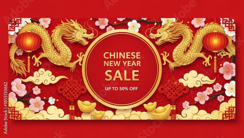 Golden Dragons Welcoming Chinese New Year Sale: Captivating imagery featuring radiant golden dragons and auspicious ornaments herald the Chinese New Year Sale, symbolizing prosperity and good fortune.
