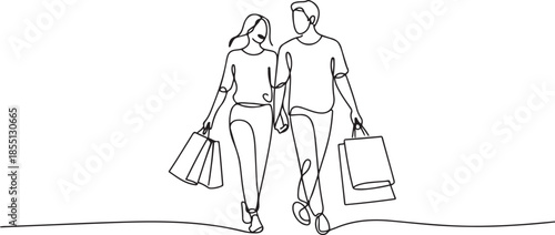 Single continuous line drawing young happy romantic couple holding paper bags while shopping together at mall. Buying fashion and cosmetic concept. one line Icon drawing