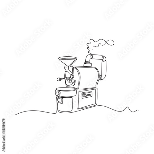 A single line drawing of a vintage coffee roaster with rising smoke