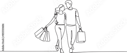Single continuous line drawing young happy romantic couple holding paper bags while shopping together at mall. Buying fashion and cosmetic concept. one line Icon drawing