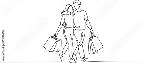 Single continuous line drawing young happy romantic couple holding paper bags while shopping together at mall. Buying fashion and cosmetic concept. one line Icon drawing
