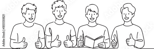 One line drawing of groups of happy college students giving thumbs up gesture after studying together at university library. Learn and study in campus life concept. one line Icon drawing