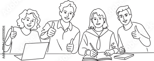 One line drawing of groups of happy college students giving thumbs up gesture after studying together at university library. Learn and study in campus life concept. one line Icon drawing