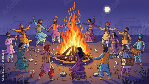 Embracing the Ember: A vibrant scene unfolds as individuals gather around a roaring bonfire. Dancing with hands entwined under a moonlit sky, each figure radiating warmth and joy. 