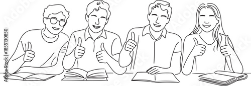 One line drawing of groups of happy college students giving thumbs up gesture after studying together at university library. Learn and study in campus life concept. one line Icon drawing