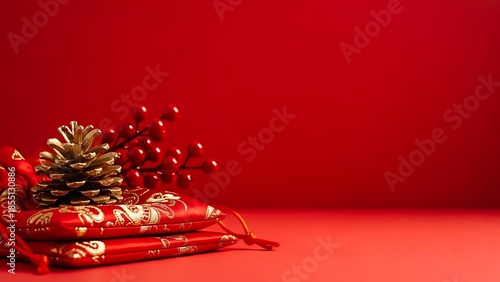 Chinese new year decorations with red envelopes and pinecone