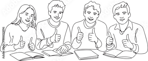 One line drawing of groups of happy college students giving thumbs up gesture after studying together at university library. Learn and study in campus life concept. one line Icon drawing
