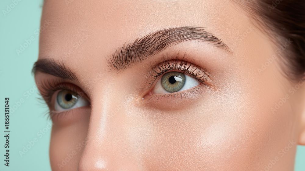 Fototapeta premium Close up of green eye with thick eyebrow and smooth skin texture on pastel blue background showing natural beauty and healthy complexion