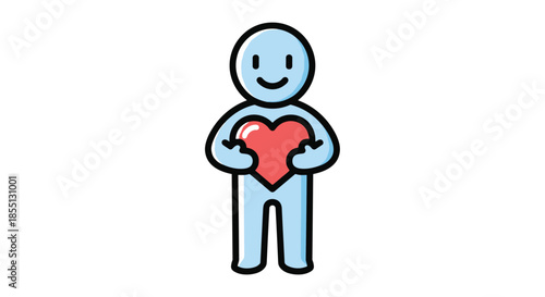 Friendly blue humanoid character with a happy smile holding a bright red heart symbol representing love, care, kindness, and compassion.