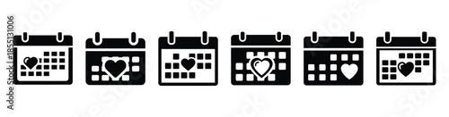 A set of love calendar silhouette icon. Valentines Day vector isolated on transparent background.