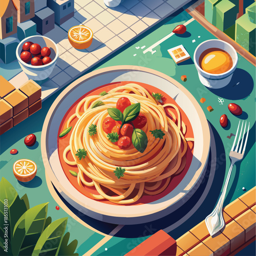 A plate of spaghetti with colorful tomatoes and basil