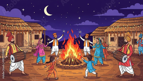 Celebration under the Night Sky: A vibrant illustration depicts a lively cultural gathering around a bonfire beneath a star-studded sky, featuring traditional attire and joyful dance.