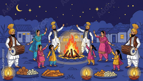 Festival of Fire: A vibrant cultural gathering, family members dance around a bonfire under a starlit night, embodying community spirit and celebration.