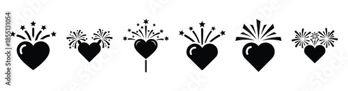 A set of love fireworks silhouette icon. Valentines Day vector isolated on transparent background.