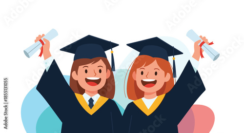 Two happy female graduates in caps and gowns triumphantly holding up their diplomas during a successful university commencement ceremony.