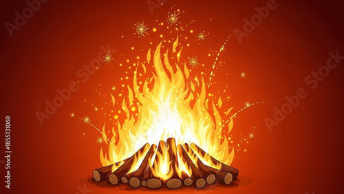 Fiery Inferno: A vibrant and captivating illustration depicts a raging bonfire, its dynamic flames dancing with energy, as sparks illuminate the air.