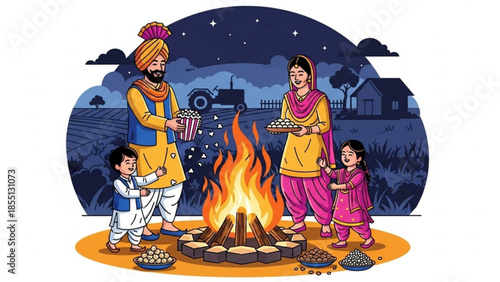 Lohri Celebration: A vibrant illustration depicts a joyful family celebrating Lohri, a traditional festival, around a crackling bonfire, symbolizing warmth and community.