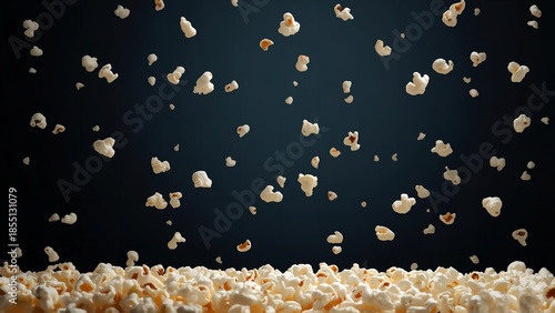 A pile of popcorn kernels flying up against a dark background