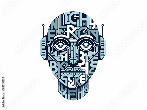 Intricate Robot Head Illustration A Futuristic Design Featuring Typography and Geometric Elements