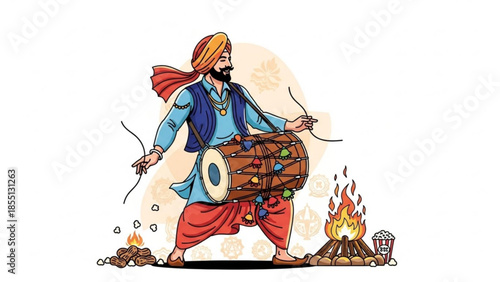 Baisakhi Drummer's Rhythmic Beats: A vibrant illustration showcasing a drummer's spirited performance, playing the traditional drum near a bonfire, embodying the joyful essence of Baisakhi festival.