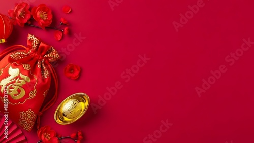 Chinese new year celebration with traditional red and gold decorations and coins