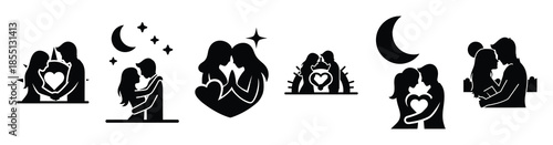 A set of romantic love evening silhouette icon. Valentines Day vector isolated on transparent background.