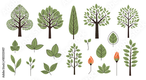 Variety of stylized green tree icons and diverse leaf designs specifically arranged for nature-themed graphic design projects.