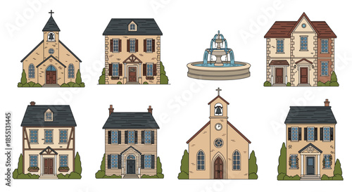 Detailed collection of classic European architectural buildings, historic stone churches, and a classical stone water fountain.
