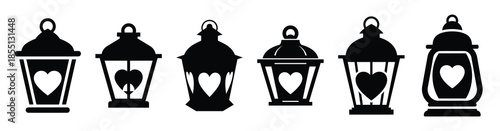 A set of romantic love lantern silhouette icon. Valentines Day vector isolated on transparent background.