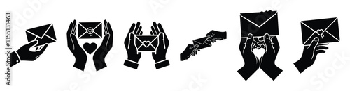 A set of romantic love letter silhouette icon. Valentines Day vector isolated on transparent background.